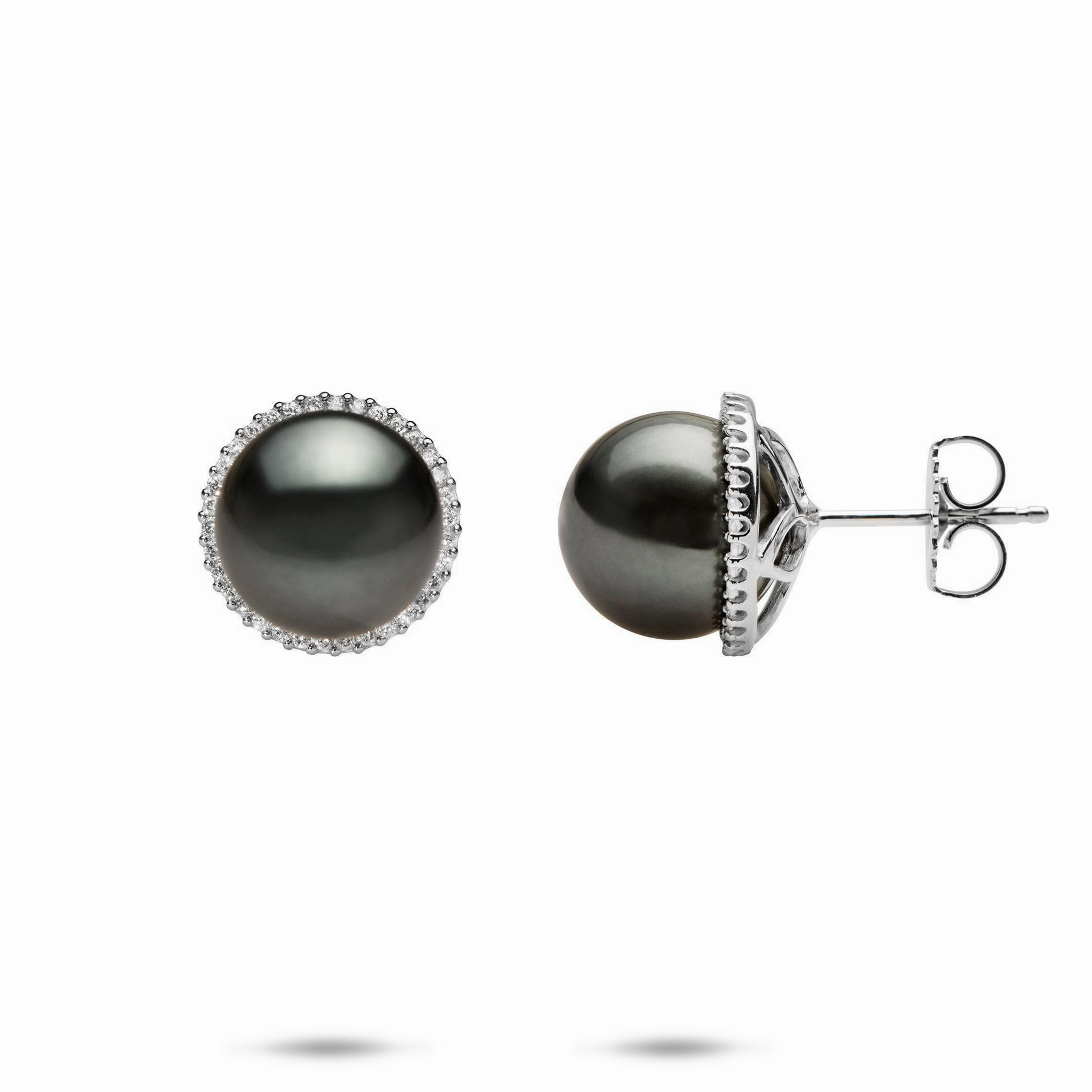 Tahitian Black Pearl Earrings in White Gold with Diamonds - 10-11mm Handmade Glam Finishing Touch