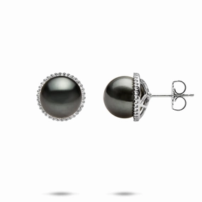 Tahitian Black Pearl Earrings in White Gold with Diamonds - 10-11mm Cozy Glam Unique Piece