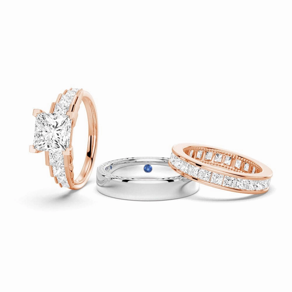 Artful Accent Anniversary Surprise Unique Cinderella Staircase Princess Cut Moissanite Couple's Ring Set with Men's Wedding Band