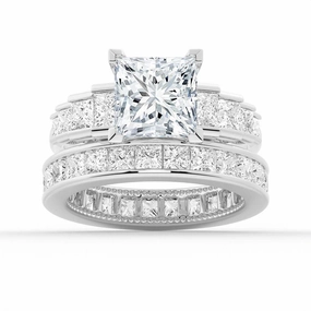 Understated Form Unique Cinderella Staircase Princess Cut Moissanite Ring Set with Matching Wedding Band