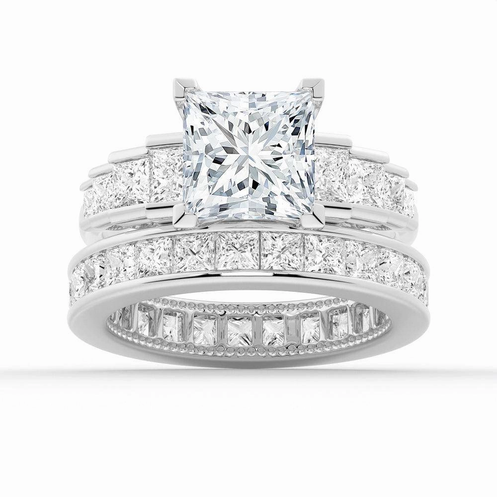 Unique Cinderella Staircase Princess Cut Moissanite Ring Set with Matching Wedding Band Radiant Form