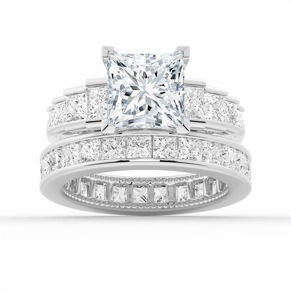 Urban Flair Vibrant Touch Pieces Unique Cinderella Staircase Princess Cut Moissanite Ring Set with Matching Wedding Band