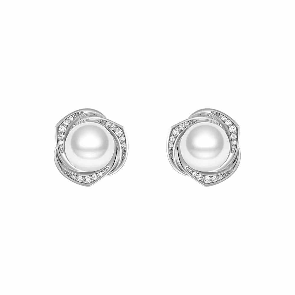 Charming Gifts Freshwater Pearl Stud Earrings with Diamond Floral Halo
