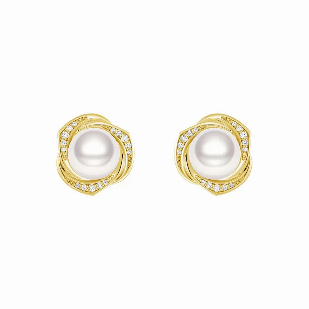 Chic Fusion Freshwater Pearl Stud Earrings with Diamond Floral Halo