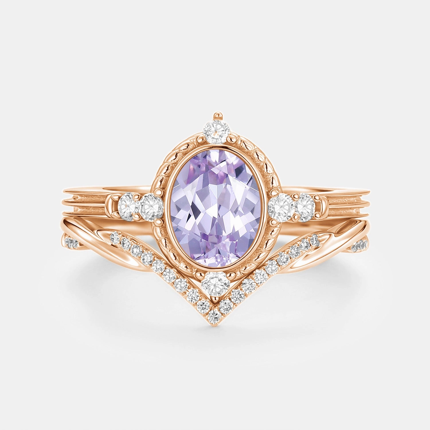 Oval Vintage Lab Lavender Sapphire Engagement Ring Sets 2pcs - Lilac Signature Feature