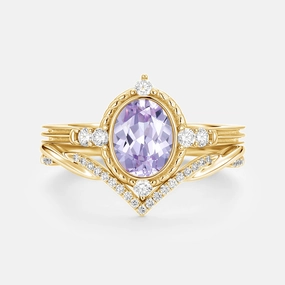 Work Accent Oval Vintage Lab Lavender Sapphire Engagement Ring Sets 2pcs - Lilac