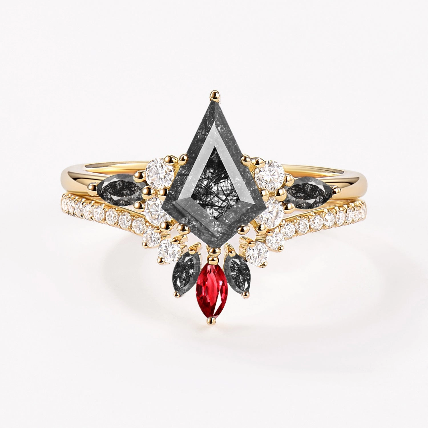 Shine Appeal Party Finish Unique Kite Black Rutilated Quartz Classic Engagement Ring Set 2pcs - Rebecca