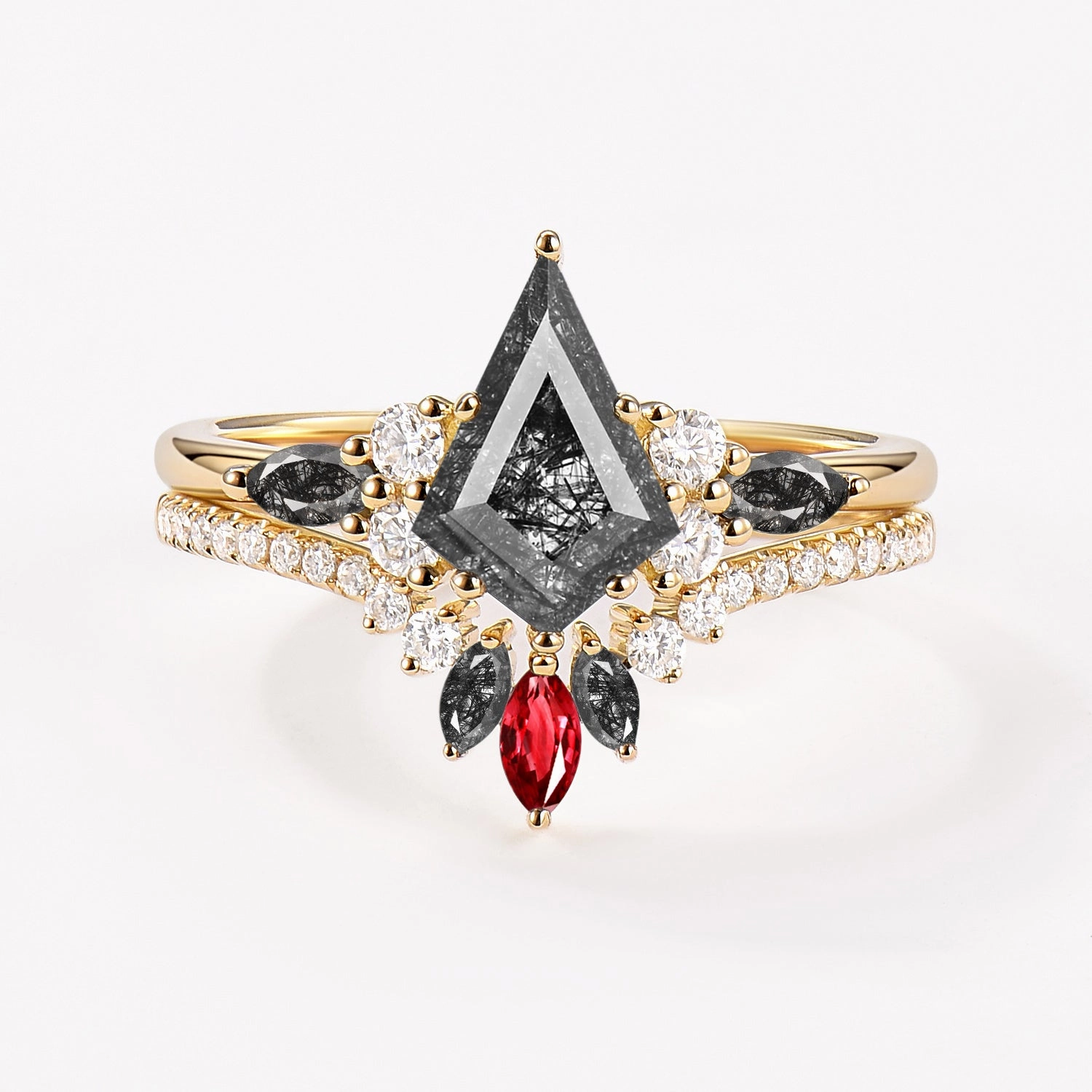 Custom Feel Timeless Jewelry Unique Kite Black Rutilated Quartz Classic Engagement Ring Set 2pcs - Rebecca