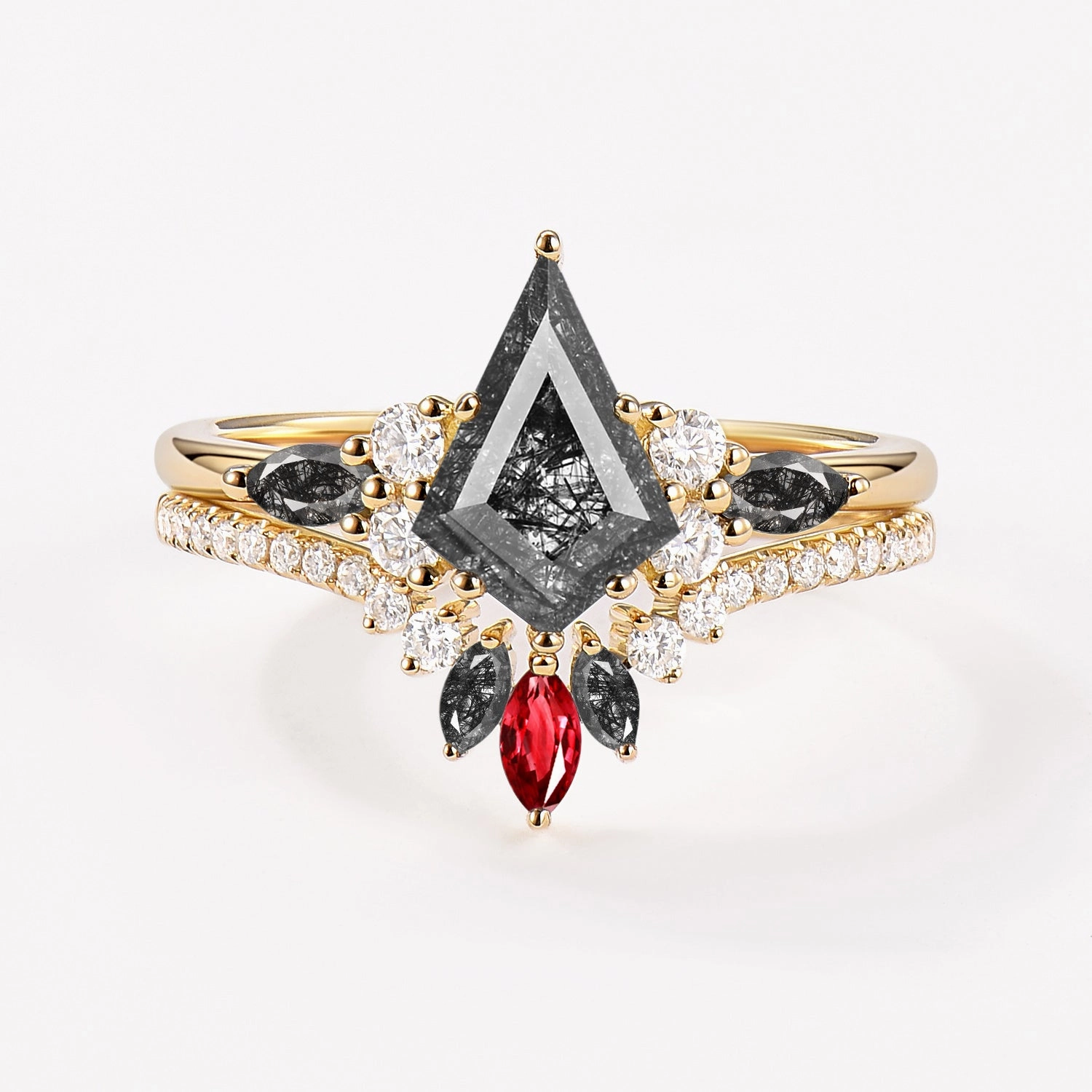 Alluring Charm Lustrous Feature Unique Kite Black Rutilated Quartz Classic Engagement Ring Set 2pcs - Rebecca