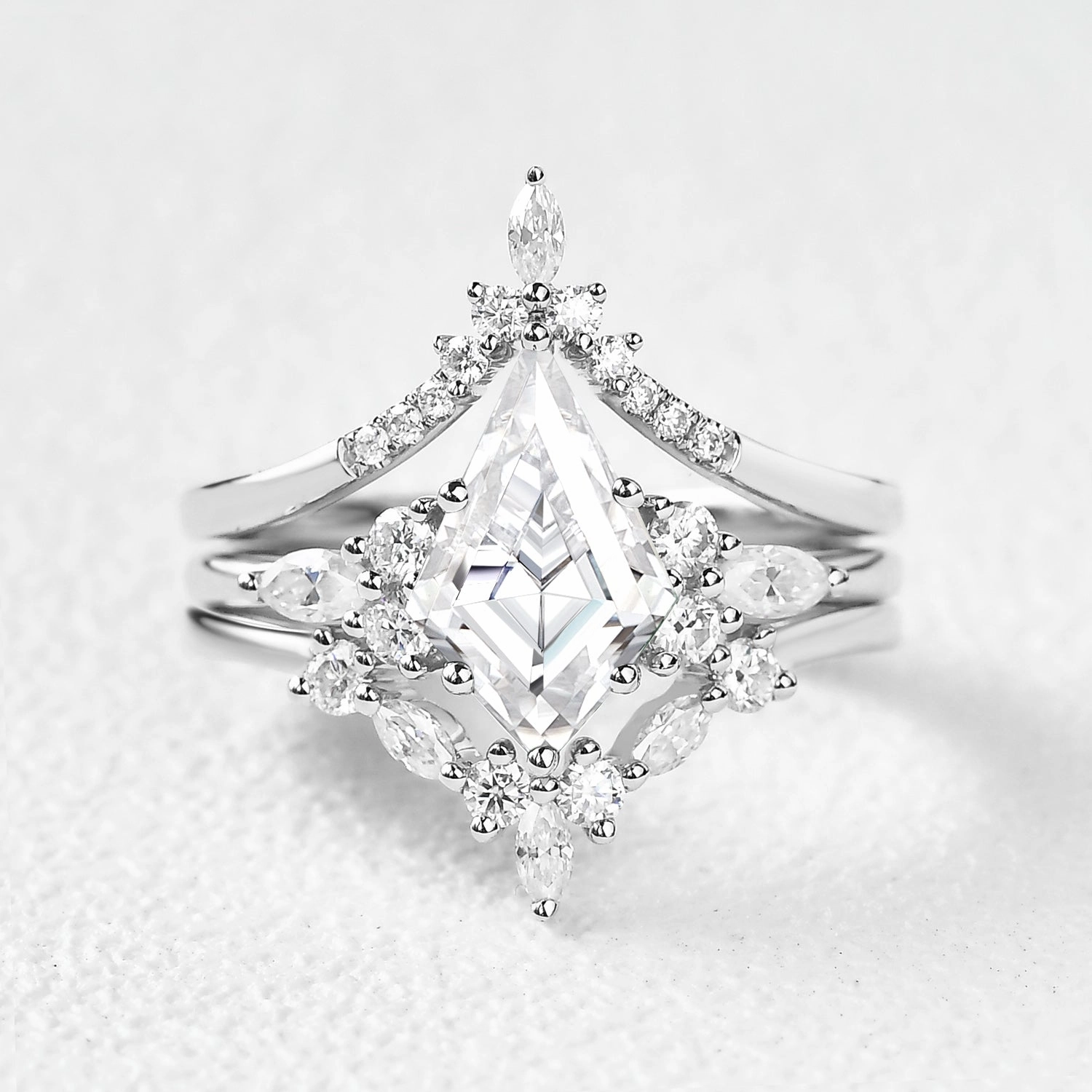 Unique Kite Cut Moissanite Chevron Engagement Ring Set 3pcs - Kinsley Youthful Twist New Arrival