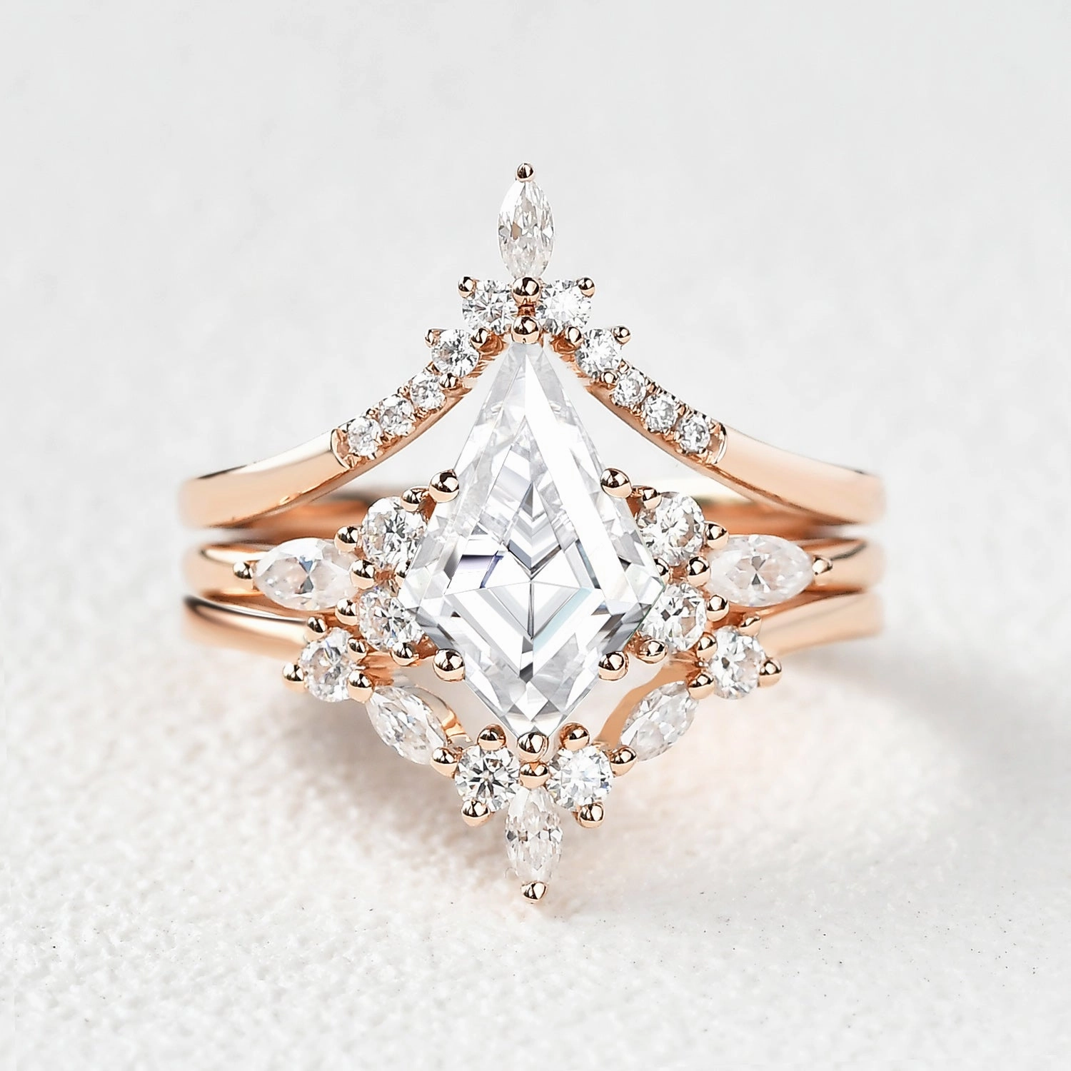 Urban Pop Unique Kite Cut Moissanite Chevron Engagement Ring Set 3pcs - Kinsley