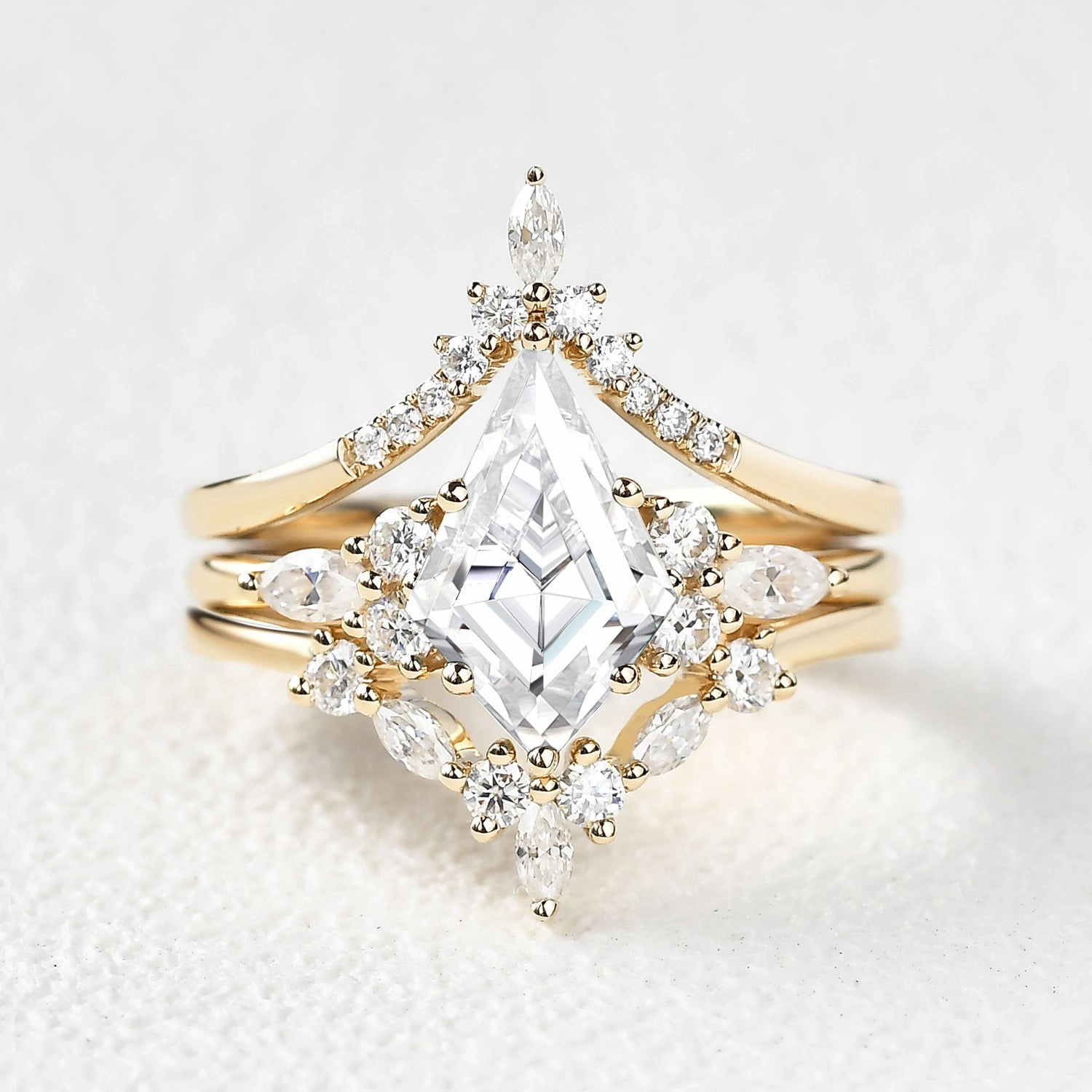 Flawless Detail Unique Kite Cut Moissanite Chevron Engagement Ring Set 3pcs - Kinsley