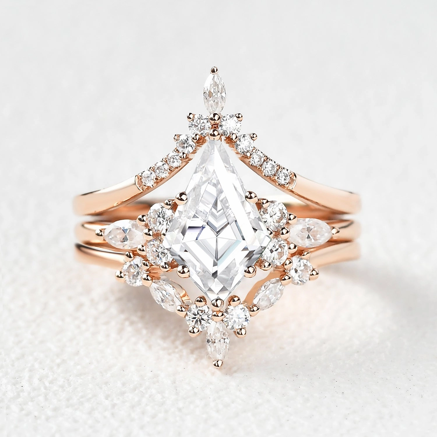 Vibrant Highlight Polished Highlights Unique Kite Cut Moissanite Chevron Engagement Ring Set 3pcs - Kinsley