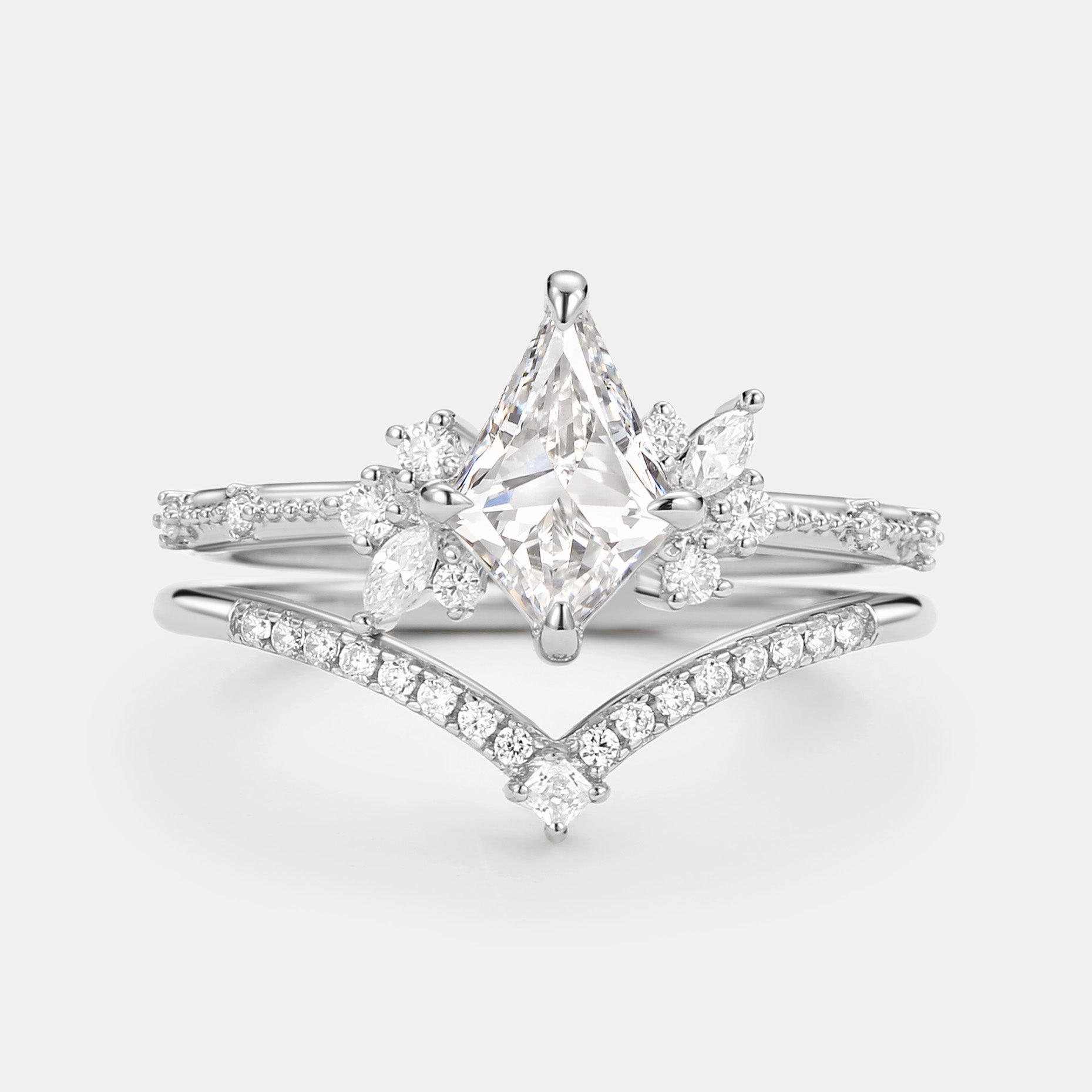 High Shine Unique Kite Cut Moissanite Engagement Ring Set 2pcs