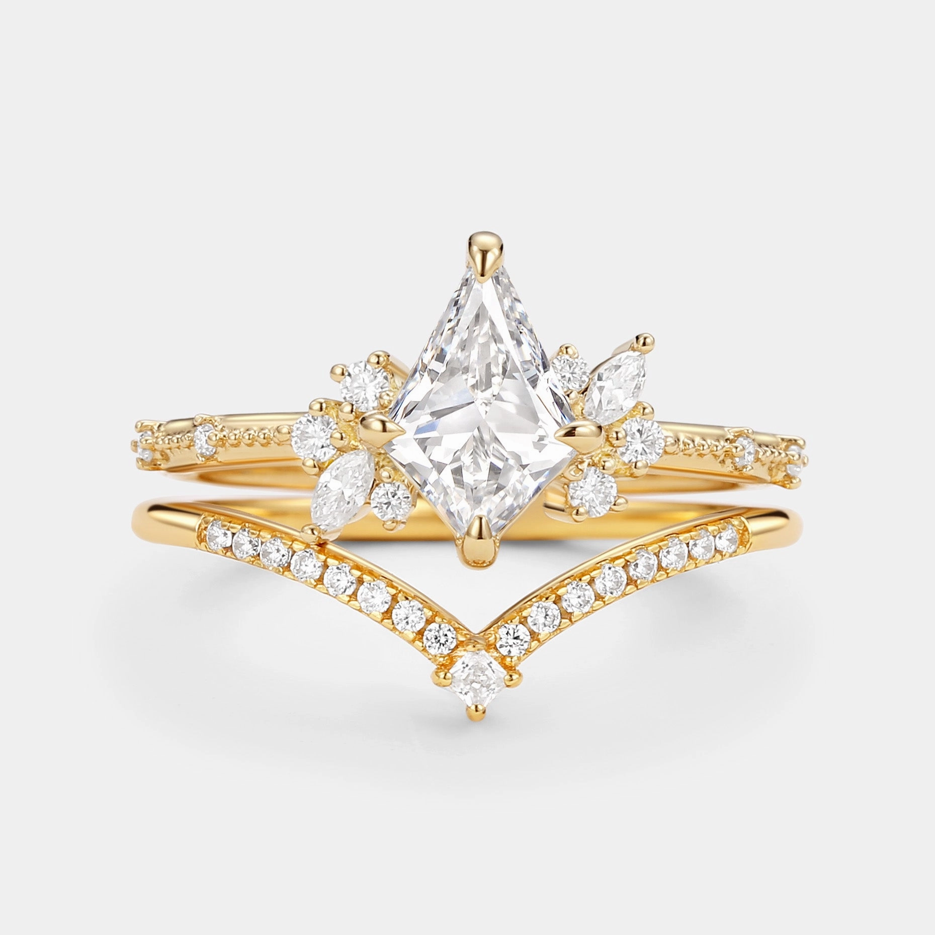 Trendy Layers Sculpted Design Unique Kite Cut Moissanite Engagement Ring Set 2pcs