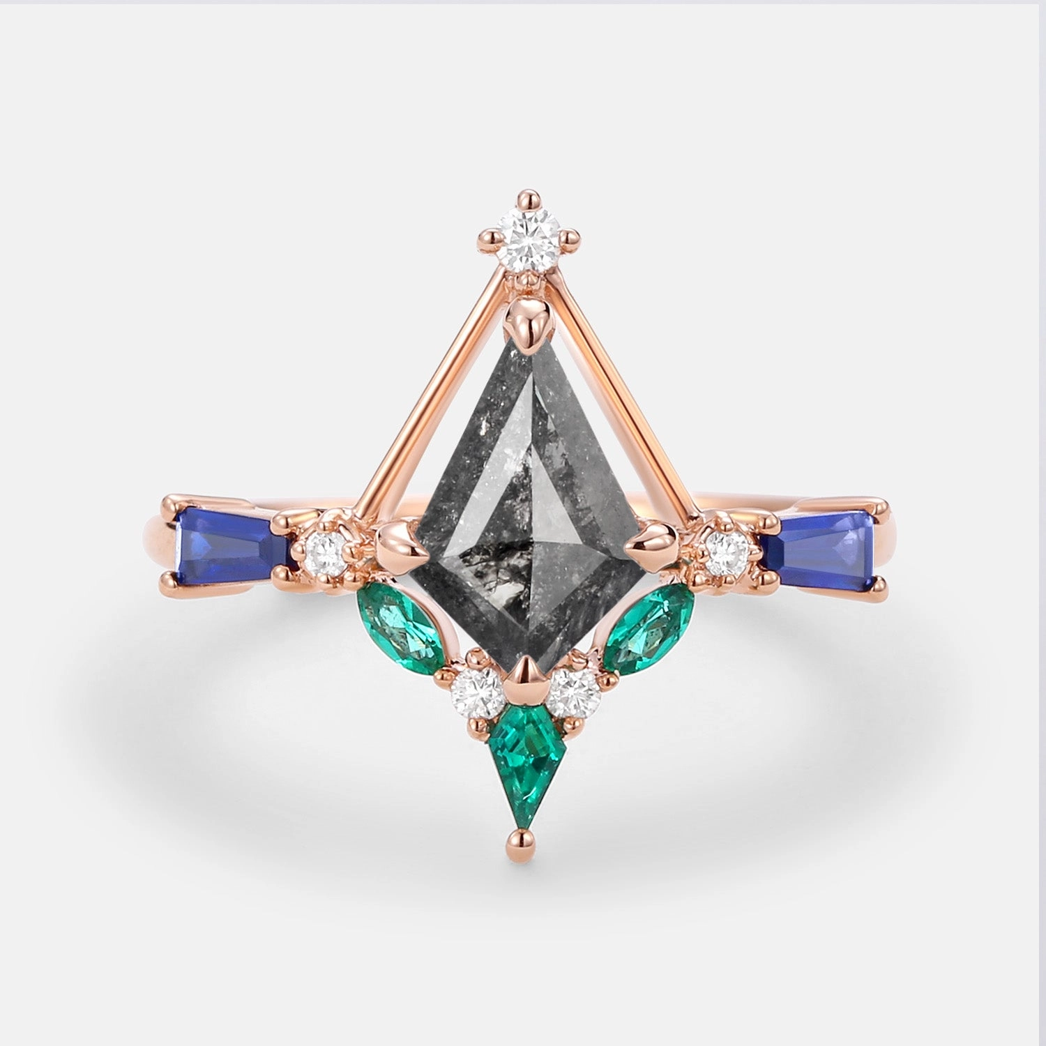 Unique Kite Cut Salt and Pepper Diamond Curved Engagement Ring Vibrant Pieces Modern Element