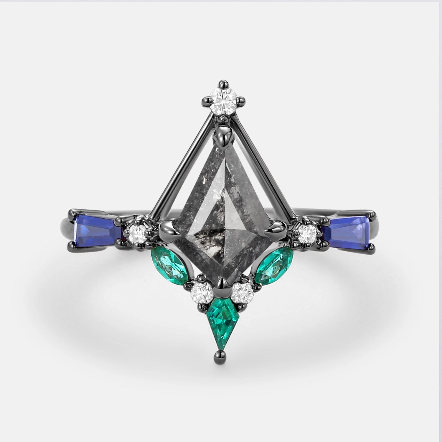 Chic Gem Unique Kite Cut Salt and Pepper Diamond Curved Engagement Ring