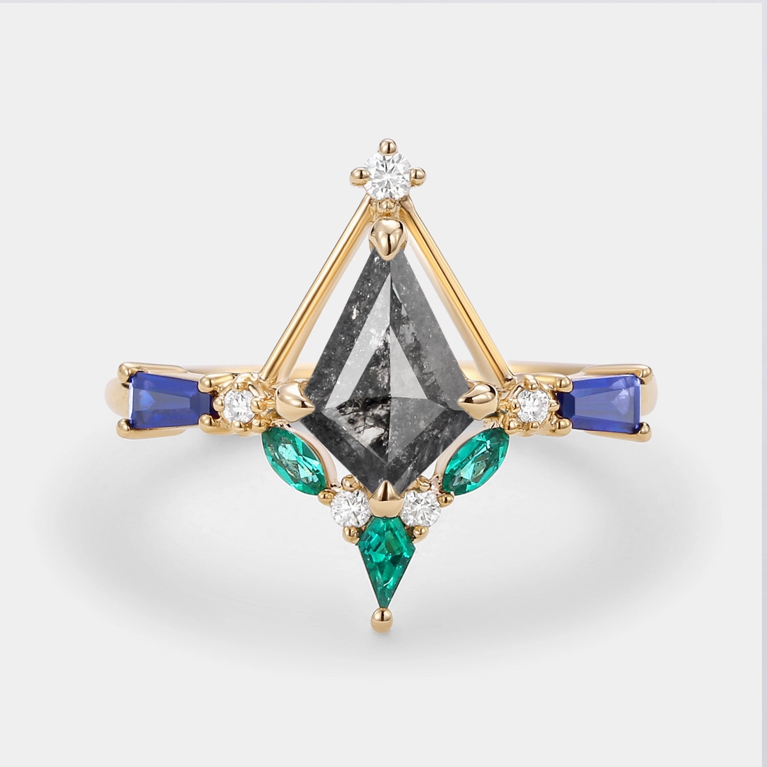 Unique Kite Cut Salt and Pepper Diamond Curved Engagement Ring Custom Style Work Outfit