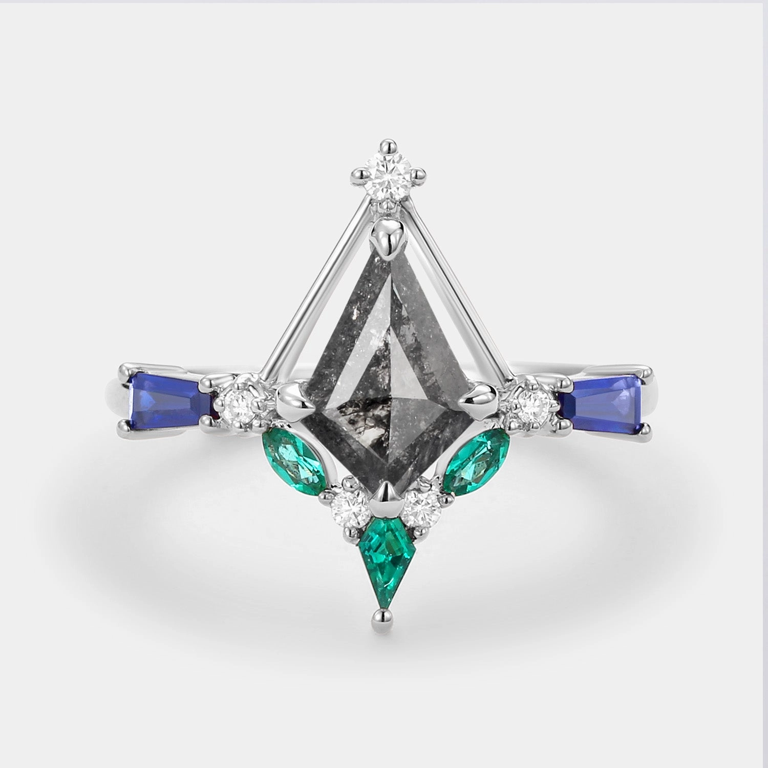 Shine Moment Classy Vibe Unique Kite Cut Salt and Pepper Diamond Curved Engagement Ring