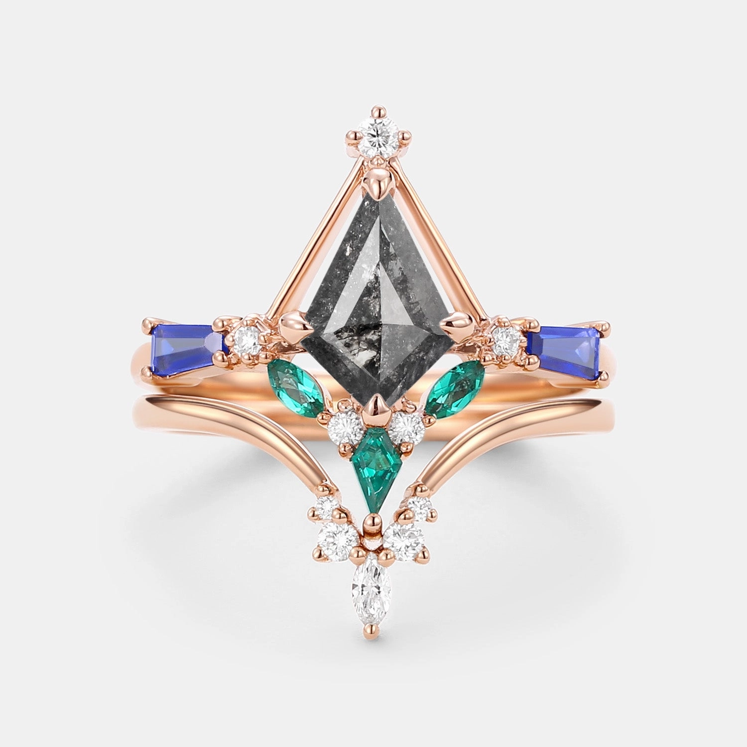 Unique Kite Cut Salt and Pepper Diamond Curved Engagement Ring Set 2pcs Classic Presence Versatile Gem