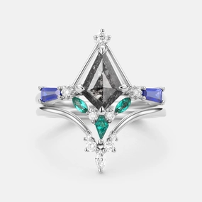 Unique Kite Cut Salt and Pepper Diamond Curved Engagement Ring Set 2pcs Timeless Beauty