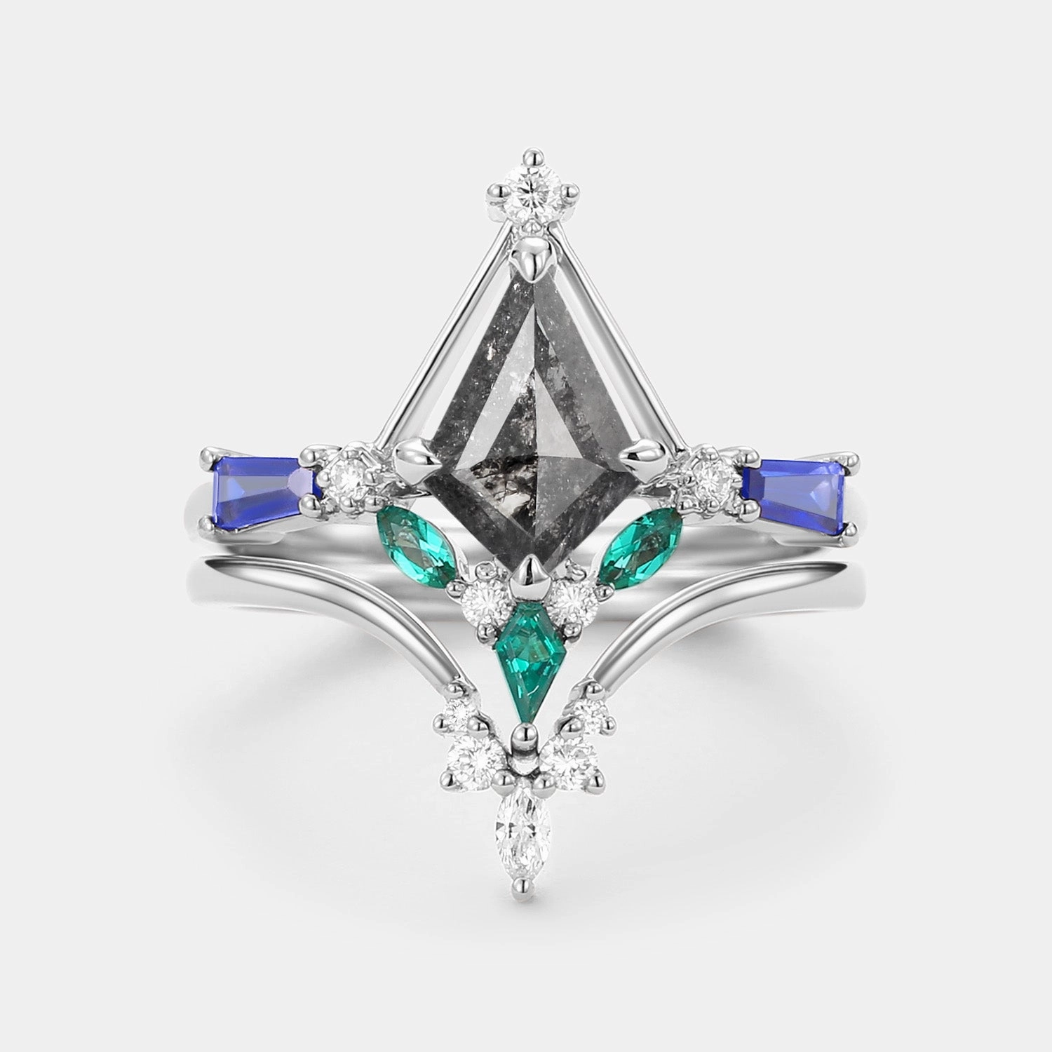 Unique Kite Cut Salt and Pepper Diamond Curved Engagement Ring Set 2pcs Timeless Beauty