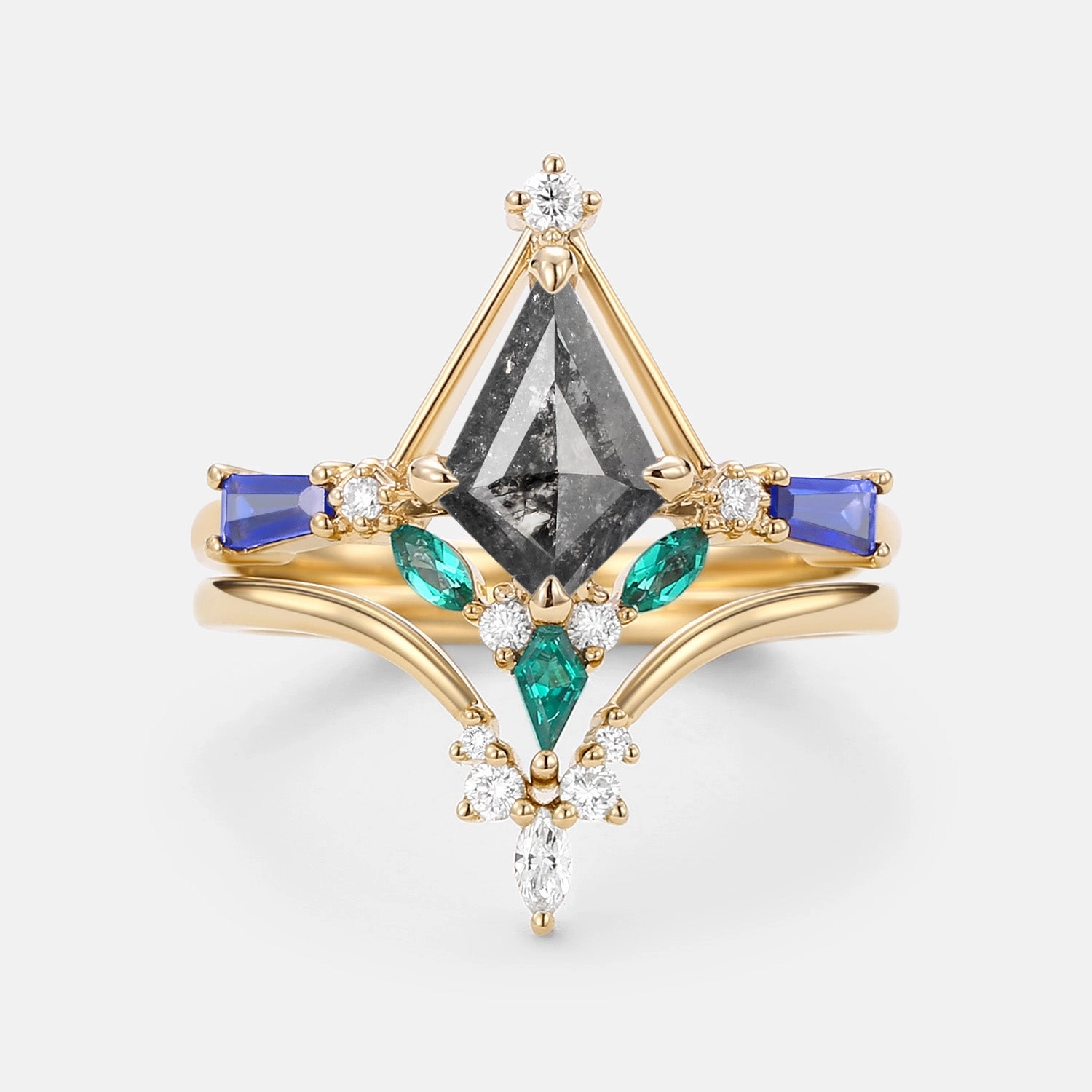 Modern Design Unique Kite Cut Salt and Pepper Diamond Curved Engagement Ring Set 2pcs