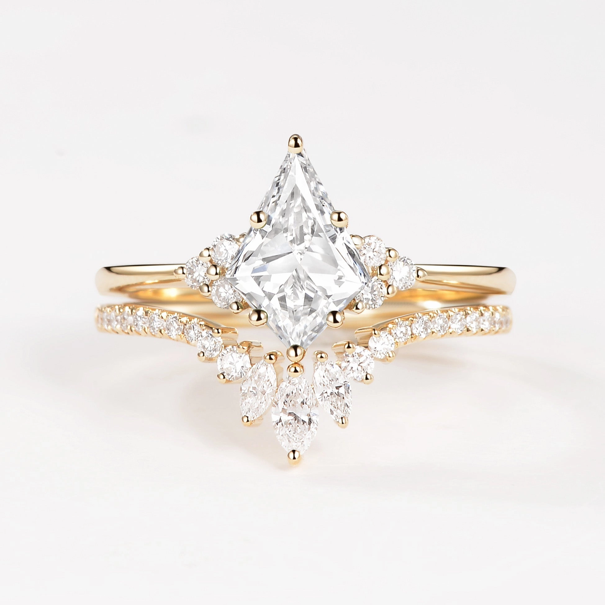 Unique Moissanite Engagement Ring Set 2pcs - Lydia Understated Detail Refined Edge