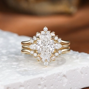 Unique Oval Cut Lab Grown Diamond & Pearl Engagement Ring Set 3pcs Dazzling Finish