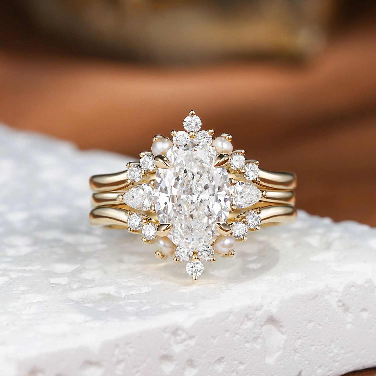 Refined Sparkle Silken Touch Unique Oval Cut Lab Grown Diamond & Pearl Engagement Ring Set 3pcs