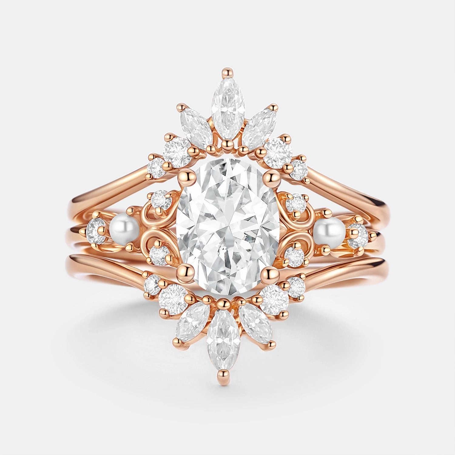 holiday season Studio Shot Unique Oval Cut Moissanite Engagement Ring Set 2pcs - Raye