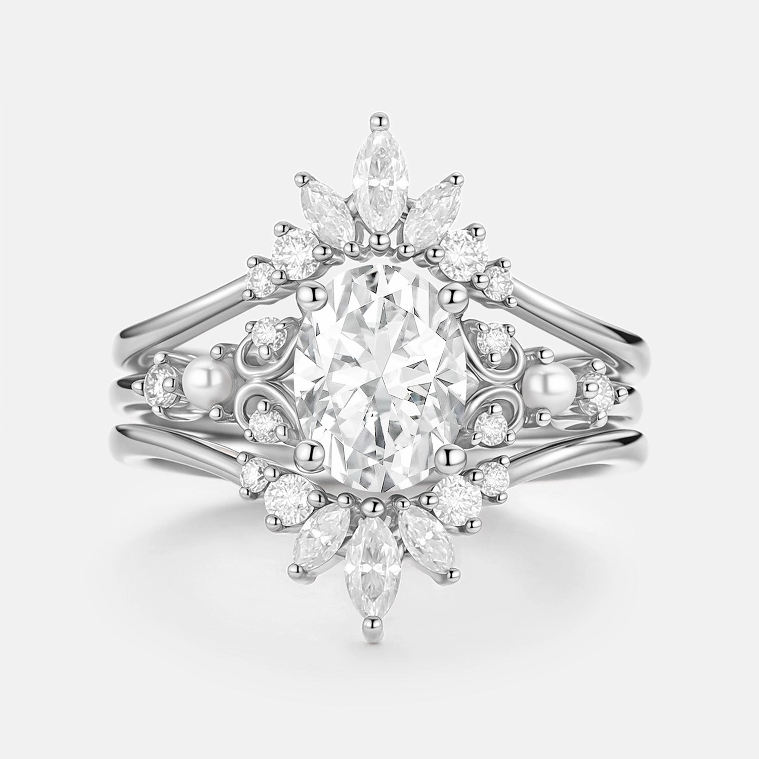 Unique Oval Cut Moissanite Engagement Ring Set 2pcs - Raye Fashionable Style Subtle Glamour