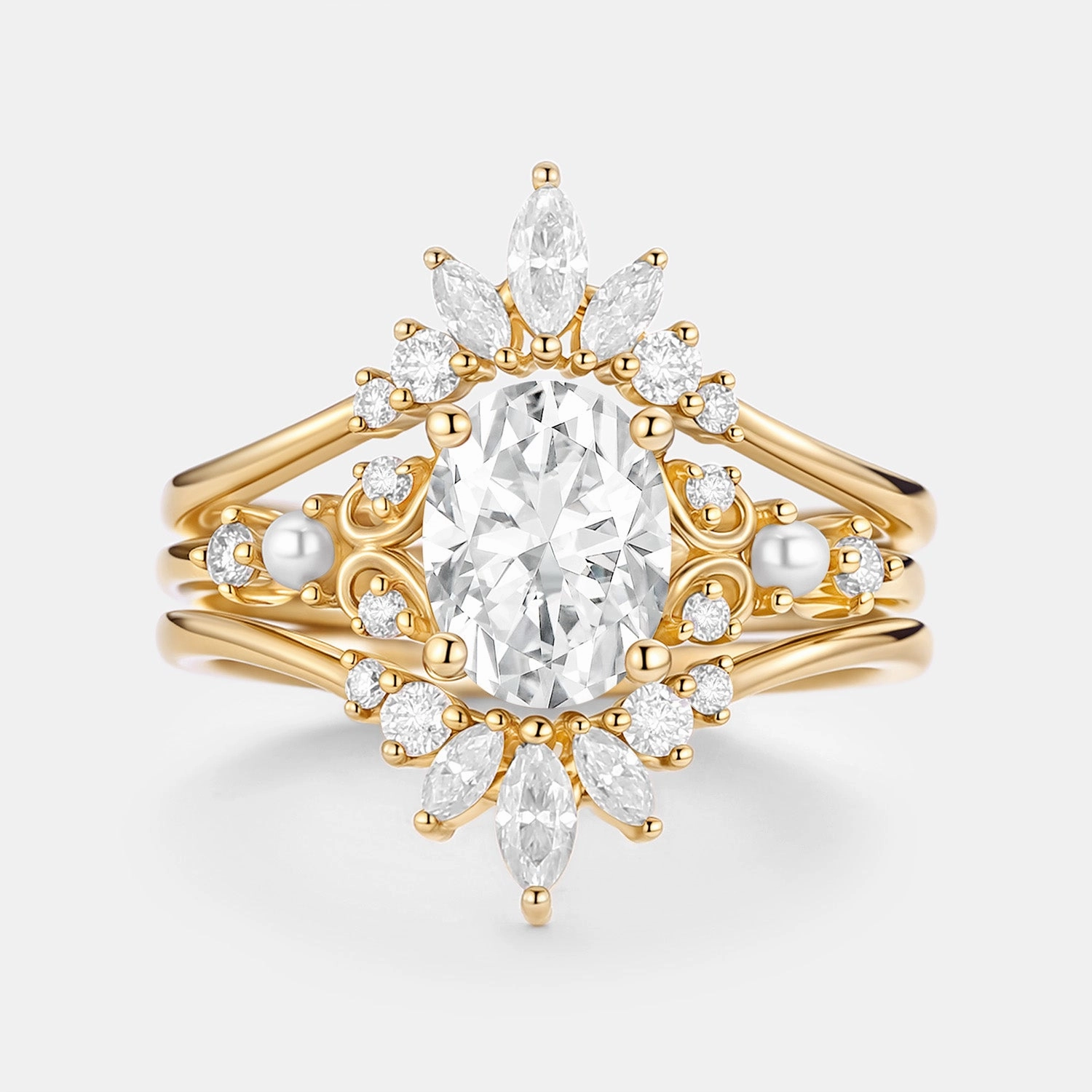 Romantic Mood Unique Oval Cut Moissanite Engagement Ring Set 2pcs - Raye