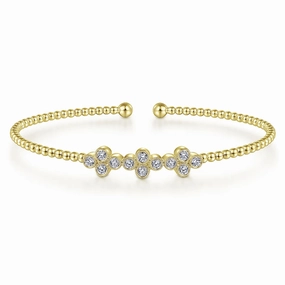 14K Yellow Gold Bujukan Bead Cuff Bracelet with Three Quatrefoil Diamond Stations Everyday Layer Inspired Feature