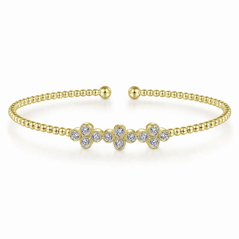 14K Yellow Gold Bujukan Bead Cuff Bracelet with Three Quatrefoil Diamond Stations Everyday Layer Inspired Feature