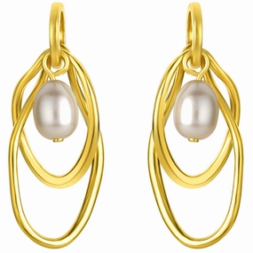 Handmade Beauty Fashion Accent Yellow-Tone Sterling Silver Interlocking Oval Freshwater Cultured Pearl Drop Earrings