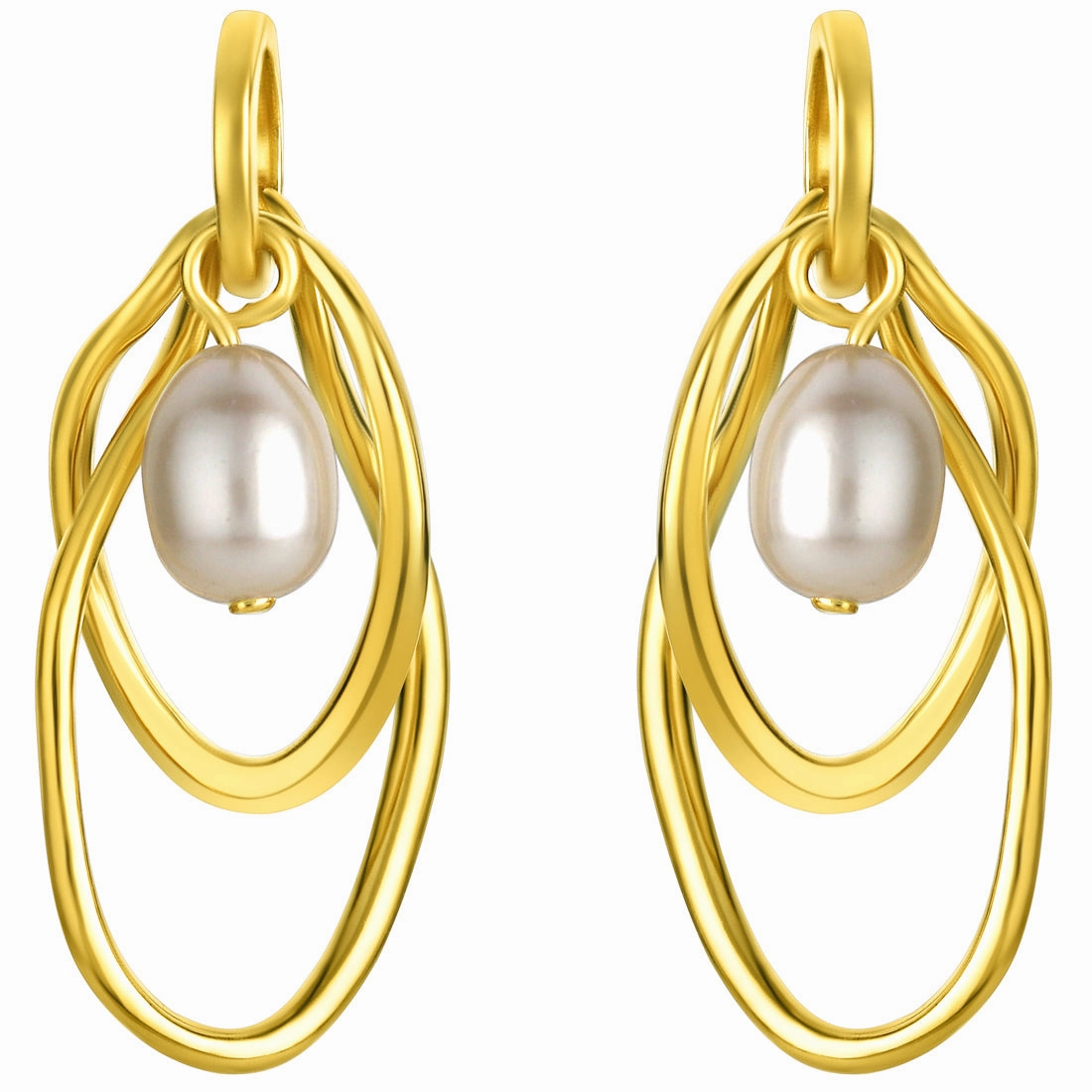 Handmade Beauty Fashion Accent Yellow-Tone Sterling Silver Interlocking Oval Freshwater Cultured Pearl Drop Earrings