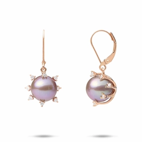 Protea Ultraviolet Freshwater Pearl Earrings in Rose Gold with Diamonds - 10-11mm Radiant Appeal Handmade Shine
