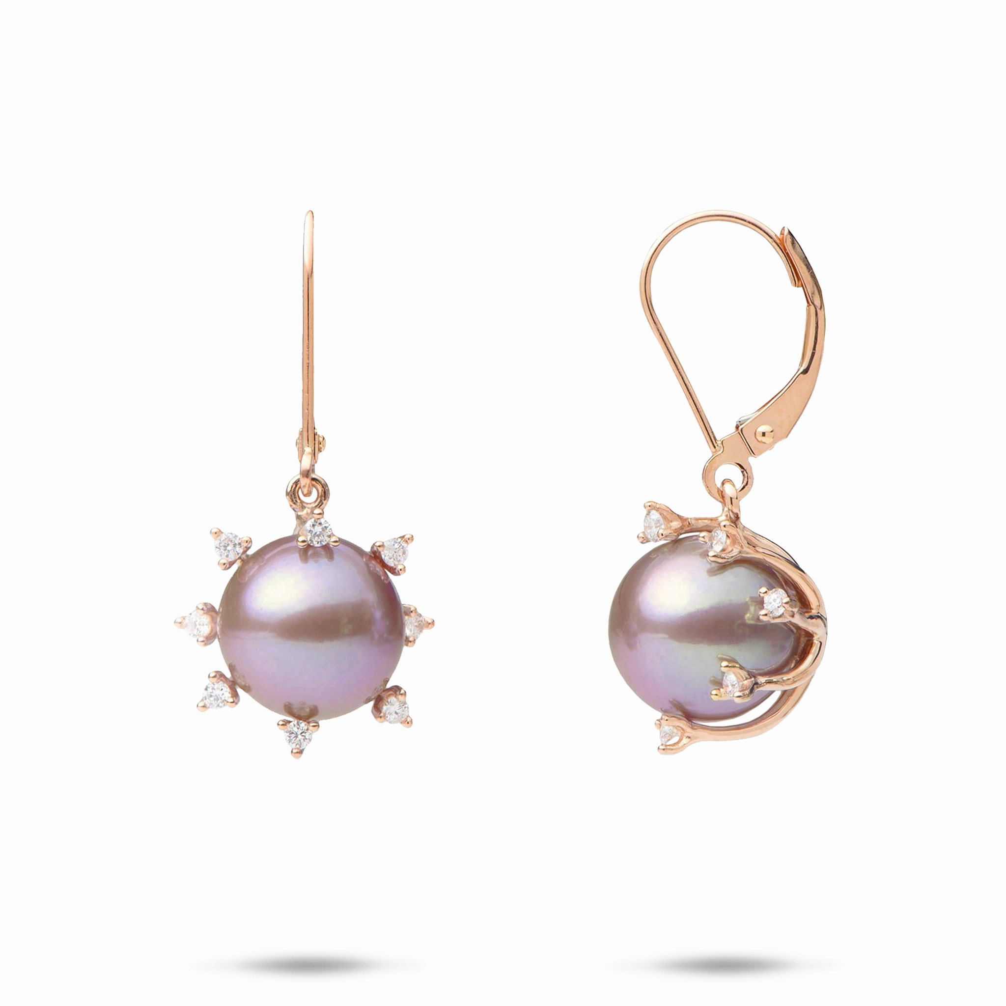 Pure Brilliance Everyday Accent Protea Ultraviolet Freshwater Pearl Earrings in Rose Gold with Diamonds - 10-11mm