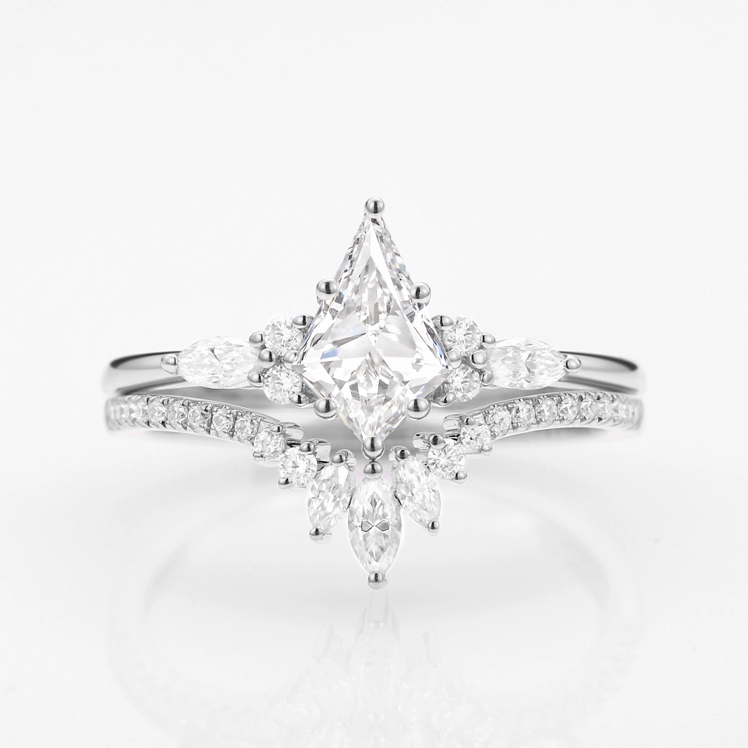 Photo Look Unique Kite Cut Moissanite Classic Engagement Ring Set 2pcs - Rebecca
