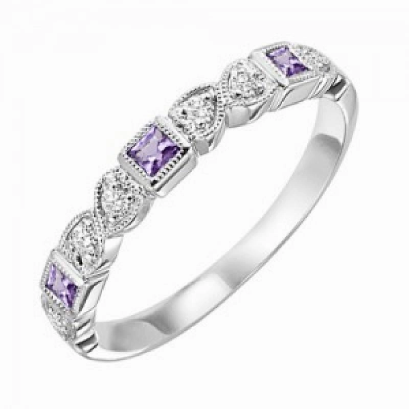 Amethyst Birthstone Diamond And Square Ring 10K White Gold Artistic Gift Youth Accessory