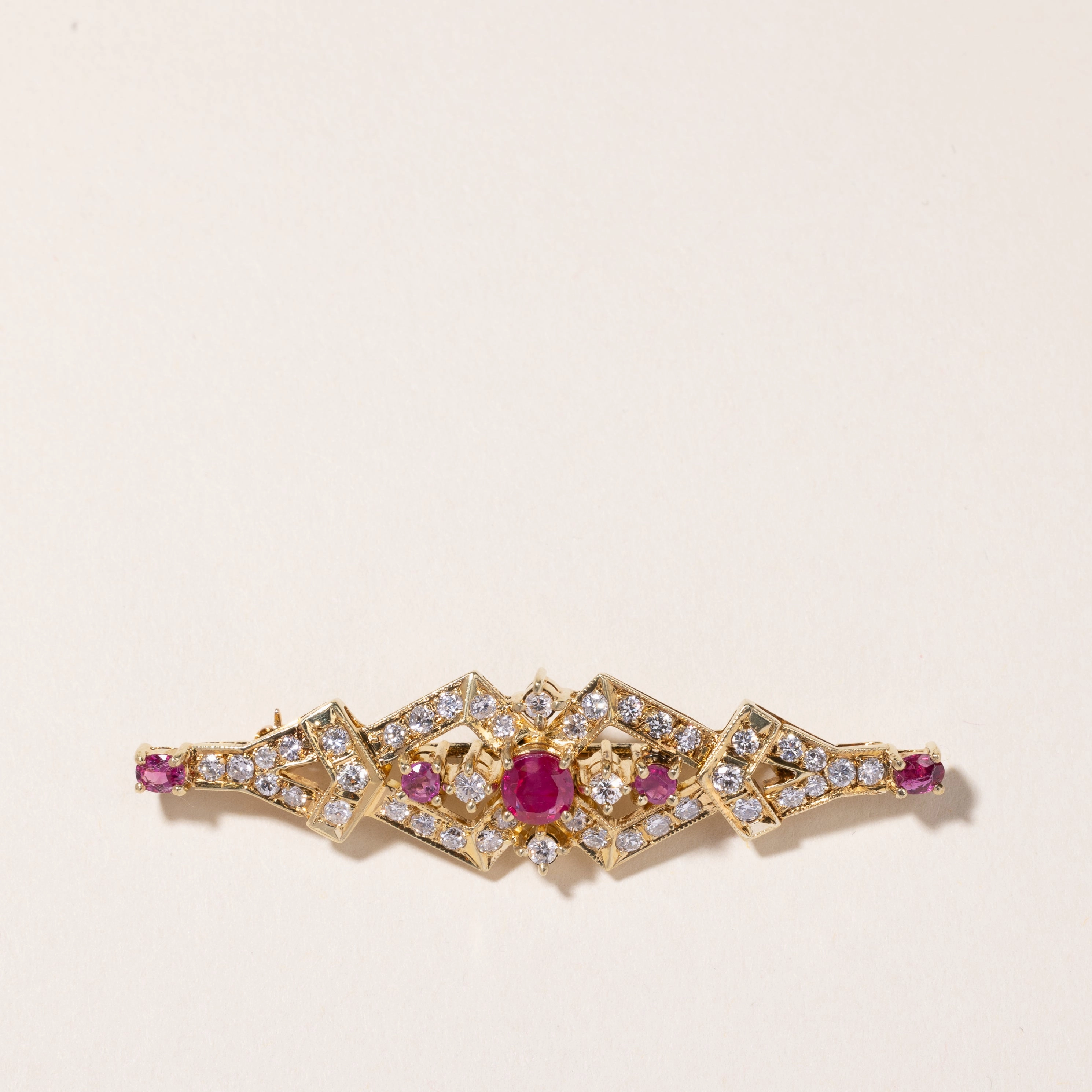 Elegant Pair 14k Yellow Gold Ruby & Diamond Brooch | 1.22ctw, 1.00ctw |