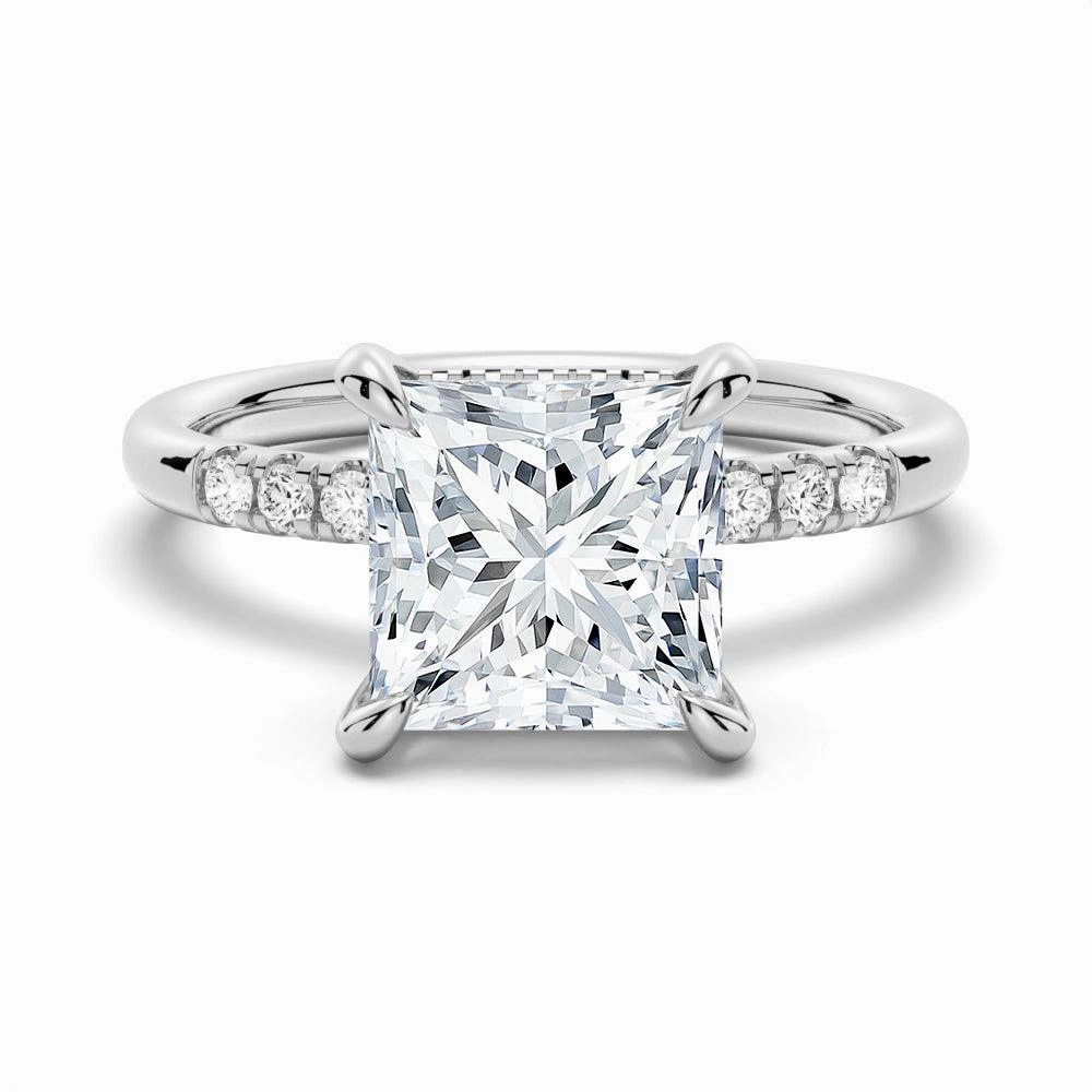 Flawless Detail Princess Cut Moissanite Engagement Ring With Hidden Halo