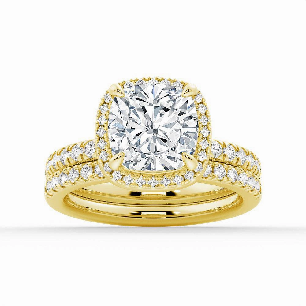 Cushion Cut Halo Moissanite Engagement Ring Set with Matching Wedding Band Opulent Glow