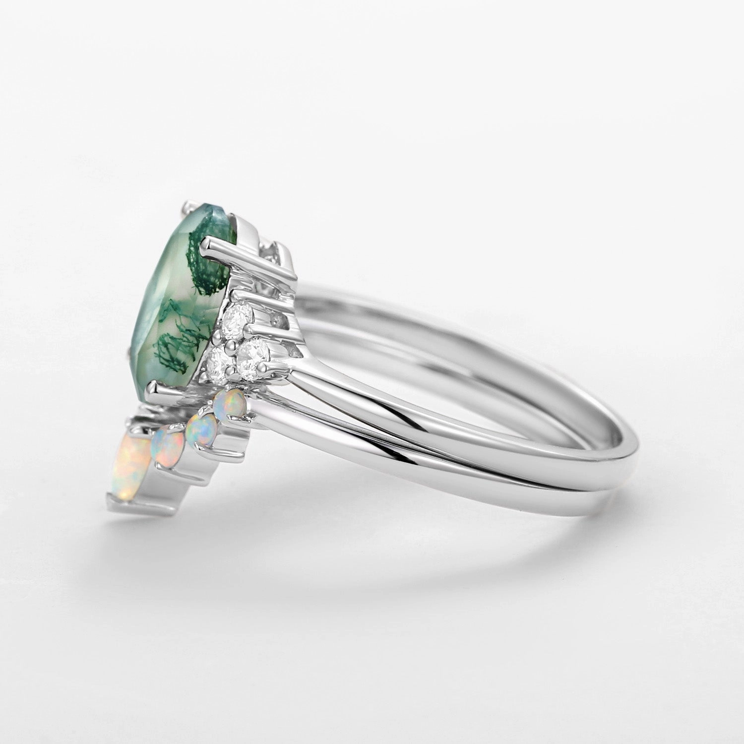 3.5CT Oval Cut Moss Agate & Natural Opal Cluster Gold Ring Set 2pcs - Aurora Pretty Accent