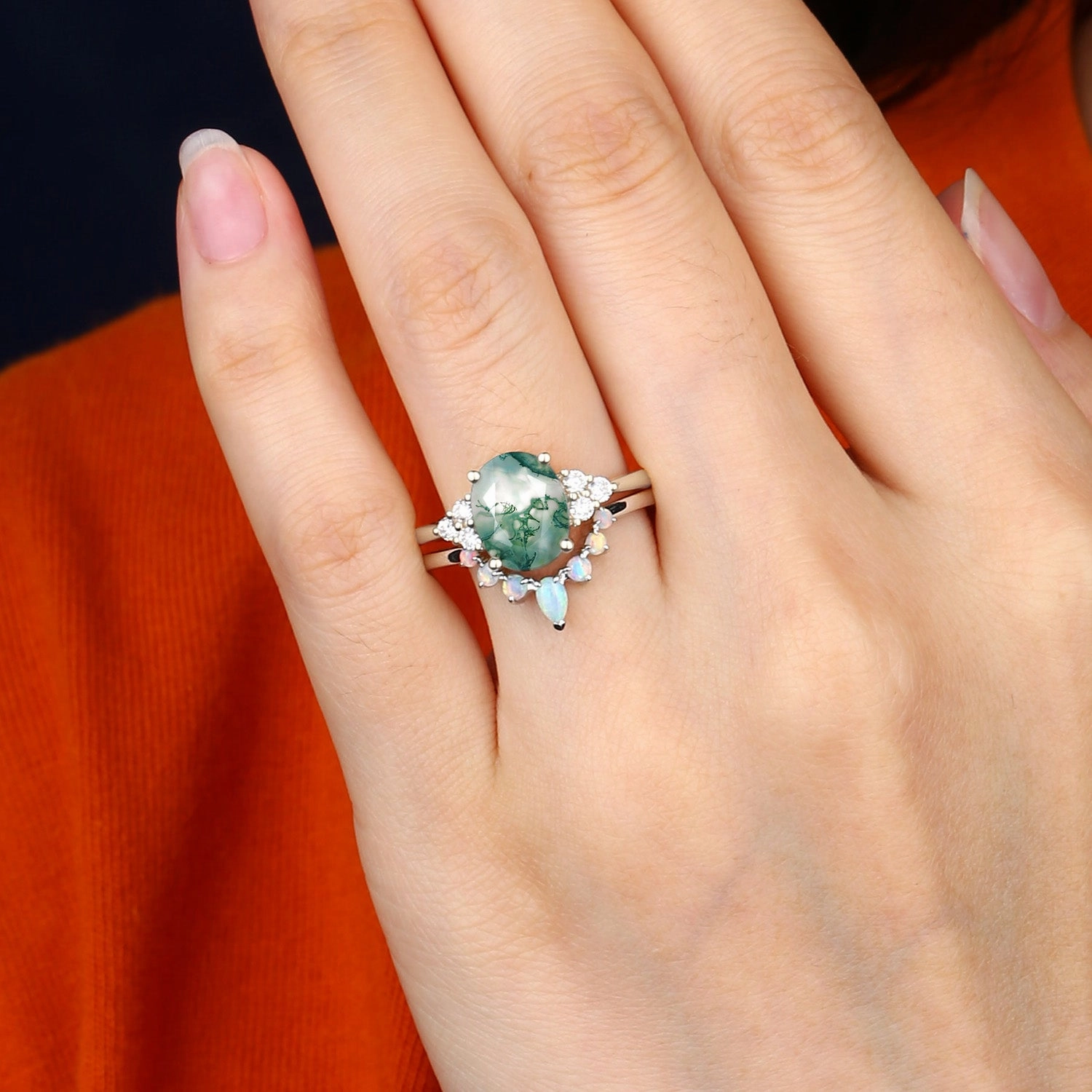 3.5CT Oval Cut Moss Agate & Natural Opal Cluster Gold Ring Set 2pcs - Aurora Alluring piece