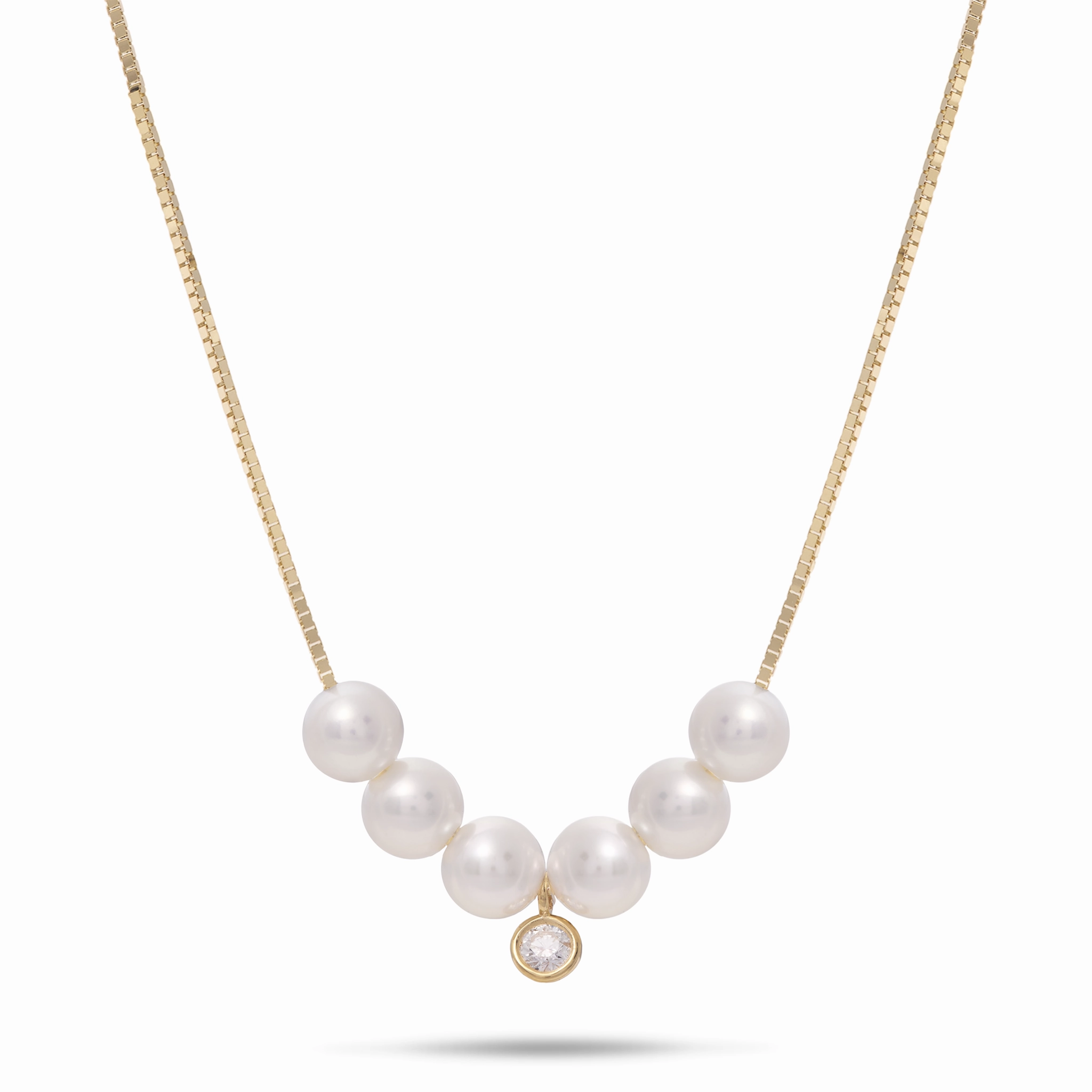 16-18" Adjustable Akoya White Pearl Necklace in Gold with Diamond - 4.5-5mm Shiny Jewelry Design Seasonal Style
