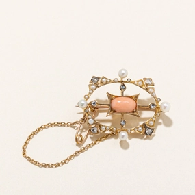 Victorian Coral, Rose Cut Diamond & Seed Pearl Brooch | 1.79ctw, 0.16ctw | Sophisticated Glow