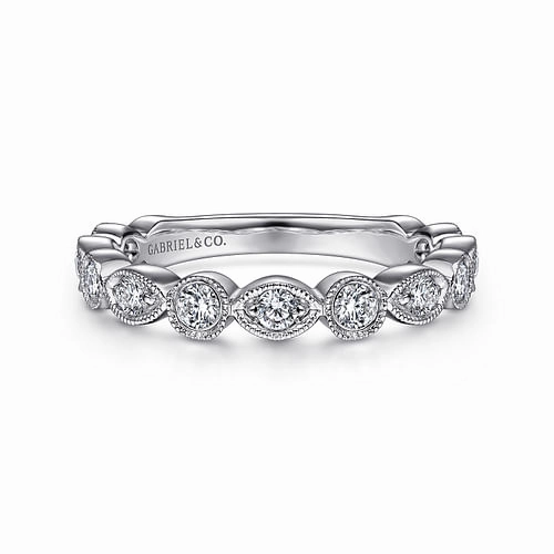 Luxury Tone Unique Sparkle Vintage Inspired 14K White Gold Marquise and Round Station Diamond Anniversary Band