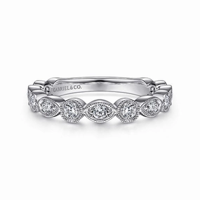 Luxury Tone Unique Sparkle Vintage Inspired 14K White Gold Marquise and Round Station Diamond Anniversary Band